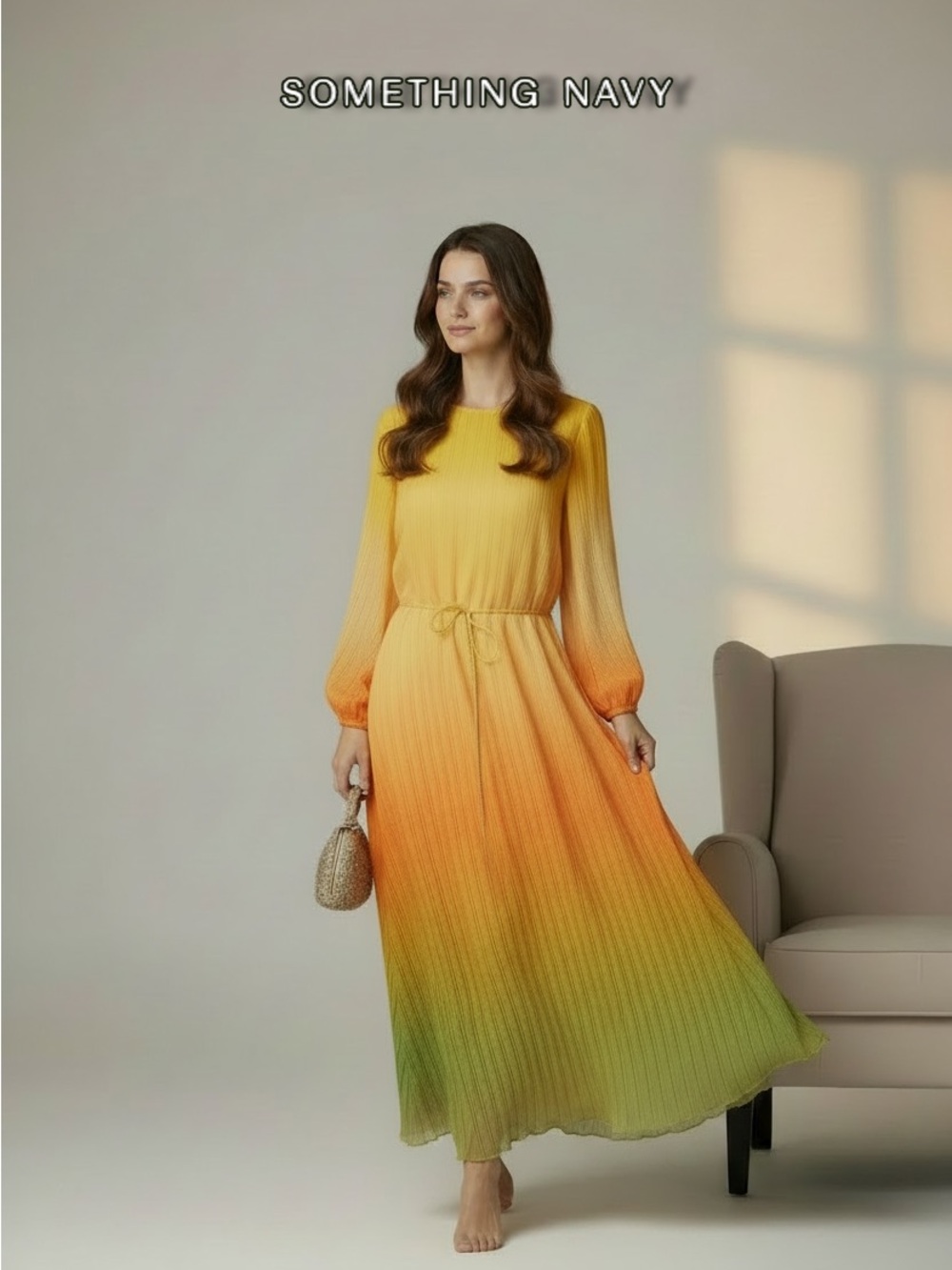 Something Navy Yellow to Green Ombre Pleated Maxi Dress